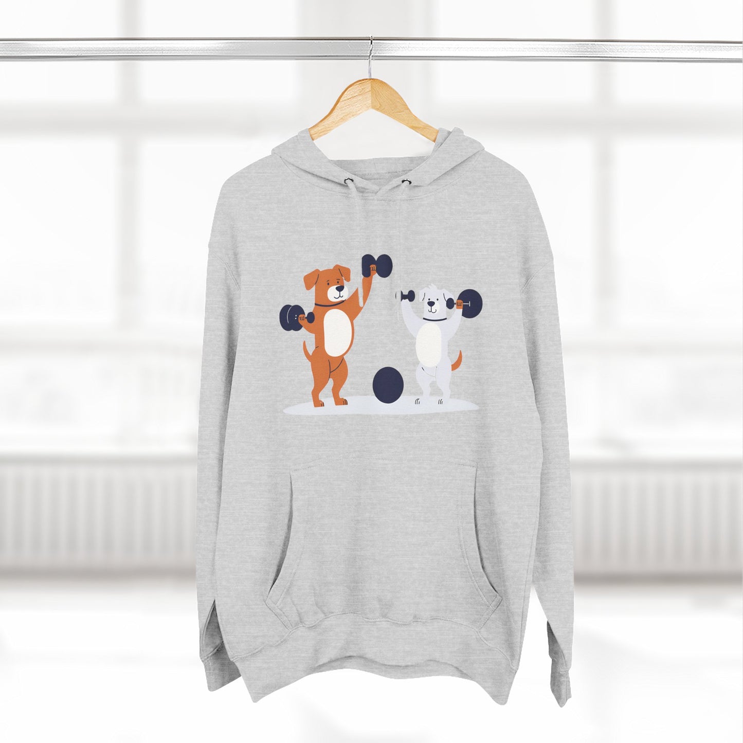 Two Dogs Lifting Weights- Three-Panel Fleece Hoodie