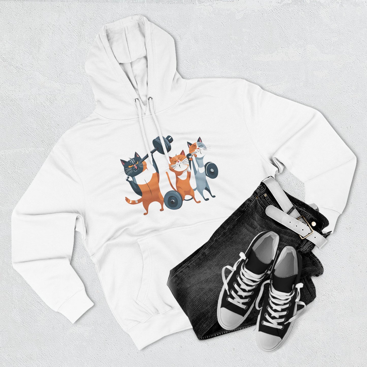 Three Happy Cats Lifting Weights- Three-Panel Fleece Hoodie
