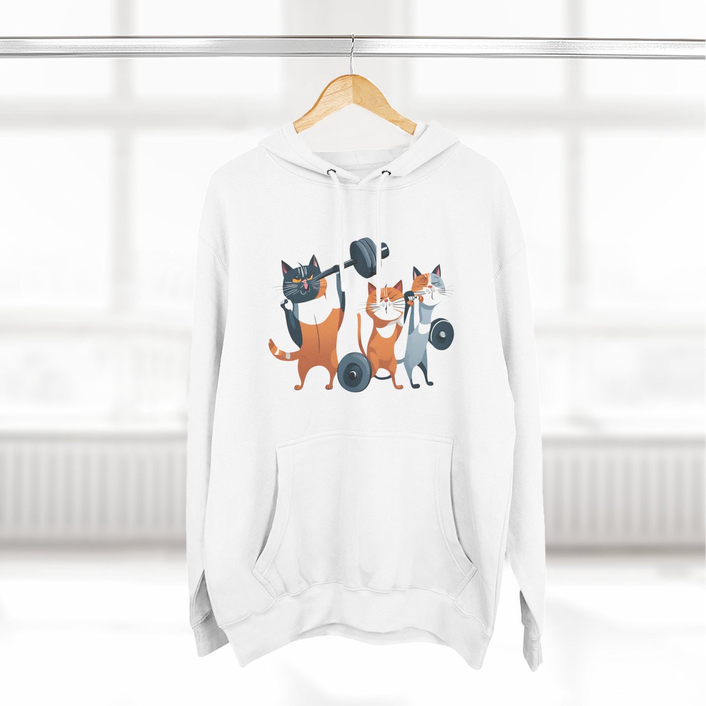 Three Happy Cats Lifting Weights- Three-Panel Fleece Hoodie